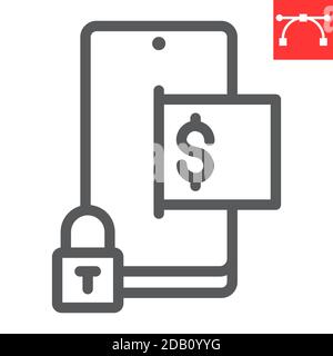 Icône de ligne de paiement mobile sécurisée, sécurité et smartphone, graphiques vectoriels de signe de transaction sécurisée, icône linéaire de contour modifiable, eps 10. Illustration de Vecteur