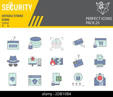 Jeu d'icônes de ligne de couleur de sécurité, collection de protection réseau, croquis vectoriels, illustrations de logo, icônes de sécurité, contour rempli de panneaux de cyber-sécurité Illustration de Vecteur