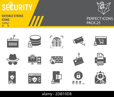 Jeu d'icônes de glyphes de sécurité, collection de protection réseau, croquis vectoriels, illustrations de logos, icônes de sécurité, pictogrammes pleins de panneaux de cyber-sécurité Illustration de Vecteur