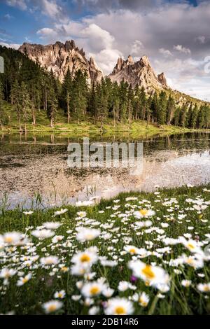 Paysage, montagne et réflexion près du lac Antorno, Alpes Dolomites Banque D'Images