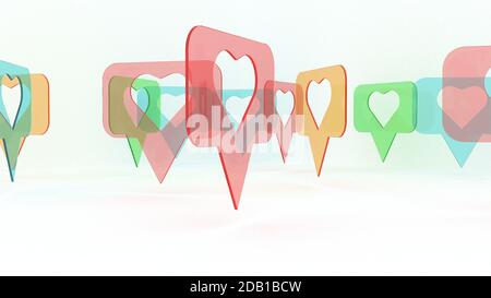 La couleur aime le rendu 3d des médias sociaux Heart Banque D'Images