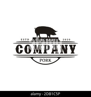 Emblème vintage Retro Western Pork Pig Boar Farm Silhouette Logo de l'étiquette Illustration de Vecteur