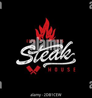 Steak House avec feu de cheminée et traverses de tisserands dans le style rustique vintage grunge. Dessin de feu de camp ou de brûlure gravé à la main. Logo Vector Illustration de Vecteur