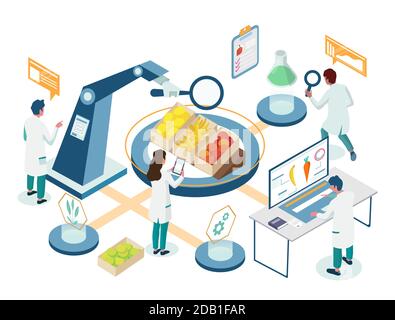 Organigramme isométrique de recherche de laboratoire alimentaire, illustration vectorielle. Sécurité et contrôle de la qualité des produits alimentaires. Illustration de Vecteur