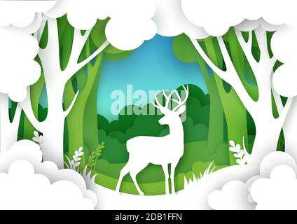 Paysage forestier découpé en papier et magnifique silhouette de cerf. Illustration vectorielle en style papier. Sauver la nature. Illustration de Vecteur