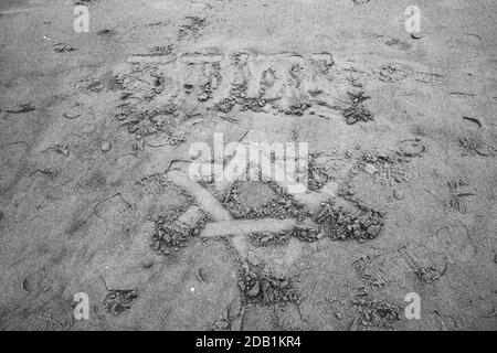 Étoile de David dessinée sur la plage de sable de tel Aviv, Israël et sur elle le nom de Dieu en hébreu (Jéhovah) est écrit. Photo noir et blanc. Banque D'Images