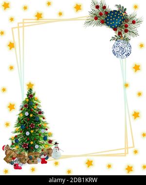 Cadre de Noël avec sapin de Noël, décorations et étoiles dorées, modèle de carte de vœux de Noël et d'hiver Banque D'Images