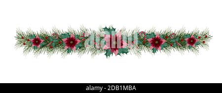 Guirlande festive de Noël avec poinsettias, branches de sapin, houx et baies, guirlande de Noël aquarelle pour bannière, cartes Banque D'Images