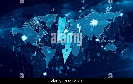 Symboles de production d'énergie verte sur l'illustration 3d du globe numérique. Résumé concept de fond de l'énergie solaire, éolienne, électricité nucléaire, zéro émission Banque D'Images