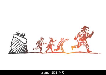 Des enfants dessinés à la main qui tentent d'attraper le père Noël caché Illustration de Vecteur