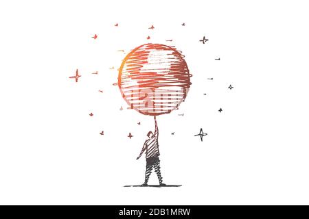 Gros globe dessiné à la main et tournant sur le doigt de l'homme Illustration de Vecteur