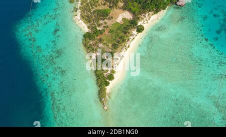 Vue de dessus de la petite île tropicale dans la mer bleue avec un récif de corail et la plage. Île de Malipano, Philippines, Samal. Banque D'Images