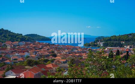 Ville de Vela Luka, île de Korcula, Croatie Banque D'Images