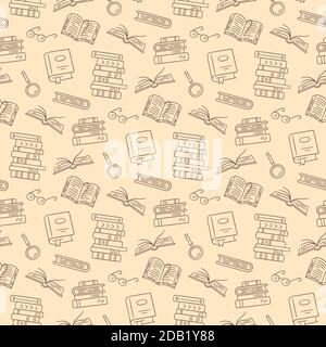 Motif sans couture avec livres papier. Bibliothèque, piles de livres, verres en style doodle. Illustration vectorielle dessinée à la main Illustration de Vecteur