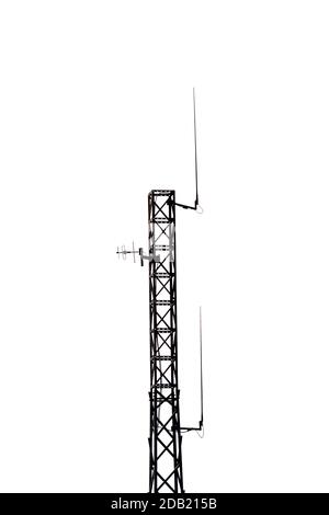 Mât de télécommunication ou mât mobile avec antennes silhouette noire isolée sur blanc Banque D'Images