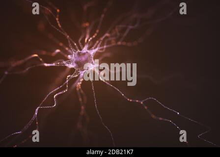 Image conceptuelle d'un neurone alimenté par une charge électrique. Concept de la science et de la recherche du cerveau humain, illustration tridimensionnelle. Banque D'Images