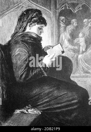 Jeune femme dans l'église, absorbé dans son livre d'hymne, 1880, Allemagne / Junge Frau in der Kirche, vertieft in ihr Gesangbuch, 1880, Deutschland, Historisch, historique, numérique reproduction améliorée d'un original du 19ème siècle / digitale Reproduktion einer Originalvorlage aus dem 19. Jahrhundert Banque D'Images