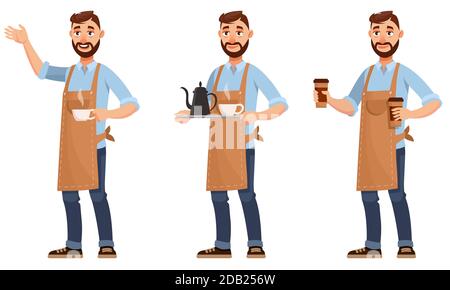 Barista dans différentes poses. Personnage masculin de style dessin animé. Illustration de Vecteur