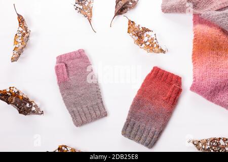 Châle tricoté en laine et moufles en laine grise et rose sur fond blanc. Banque D'Images