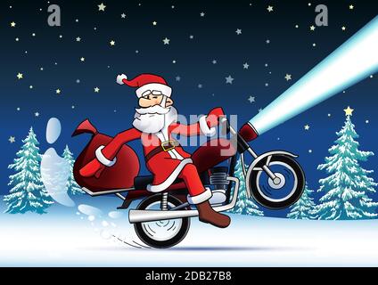Carte du nouvel an pour le Père Noël. Drôle de Père Noël avec des cadeaux de Noël sur un vélo. Arbre du nouvel an, arrière-plan de la forêt. Toile de fond bleu neige. Abstrait isolé g Illustration de Vecteur