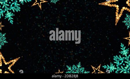 Les lumières de Noël en forme de bokeh illuminent les étoiles et les flocons de neige sur fond de paillettes aux couleurs turquoise, or et noir. Banque D'Images