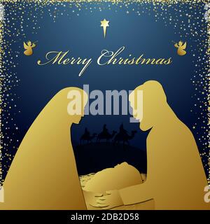 Joyeux Noël salutation religieuse. Fils de dieu est né l'histoire biblique spirituelle. Fond carré bleu foncé, silhouette de couple et sage hommes cha Illustration de Vecteur