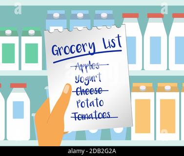 Dans un supermarché, le client tient un morceau de papier avec une liste d'épicerie dans sa main. Illustration vectorielle à motif plat. Woman tient une liste d'achats sur fond de bouteilles. Illustration de Vecteur