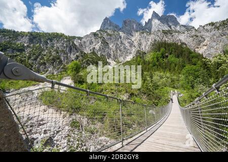 Un pont suspendu traverse la vallée Klausbachtal au parc national de Berchtesgaden, Allemagne. Banque D'Images