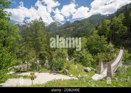 Un pont suspendu traverse la vallée Klausbachtal au parc national de Berchtesgaden, Allemagne. Banque D'Images