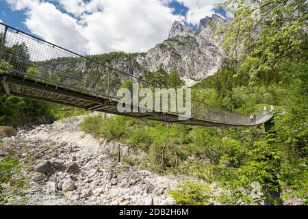 Un pont suspendu traverse la vallée Klausbachtal au parc national de Berchtesgaden, Allemagne. Banque D'Images