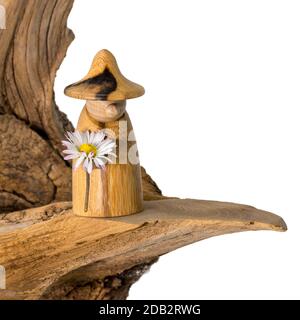 Un gnome en bois tourné avec une Marguerite à la main se tient sur une vieille souche d'arbre isolée sur blanc Banque D'Images