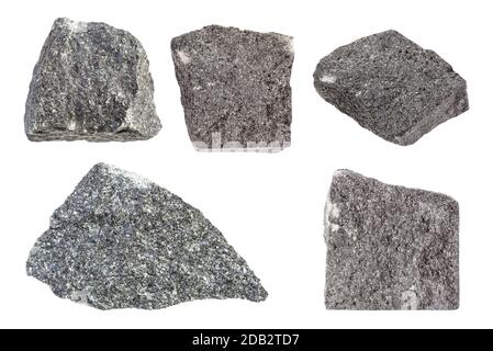 Ensemble de diverses roches Gabbro isolées sur fond blanc Banque D'Images