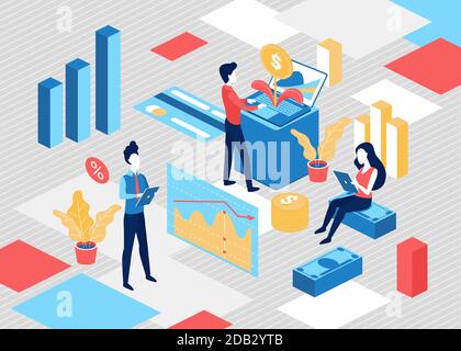 Illustration vectorielle isométrique de la croissance du bénéfice financier des entreprises. Caricature 3d minuscule analyste hommes d'affaires, analyse graphique de croissance graphique flèche graphique, planter l'usine d'argent dans le fond de pot Illustration de Vecteur