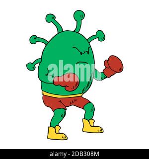 Virus Covid-19 avec gants de boxe. Caricature de méchant de dessin animé. Caractère coronavirus de couleur verte. Illustration vectorielle isolée. Illustration de Vecteur