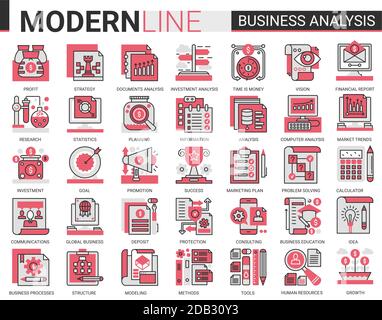 Analyse d'entreprise jeu de vecteurs d'icônes plates complexes, outils d'analyse d'homme d'affaires, analyse numérique des informations boursières, présentation de stratégie de conseil collection de symboles Web Illustration de Vecteur