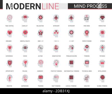 Jeu d'illustrations vectorielles d'icône de ligne plate de procédé Mind. Symboles linéaires fins noirs rouges pour le site Web d'applications mobiles avec la tête humaine dans le traitement de remue-méninges, problème de santé mentale, concept de roue à l'intérieur du cerveau Illustration de Vecteur