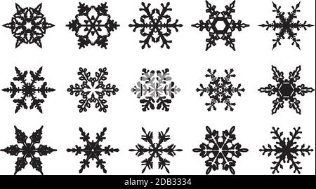 Ensemble hiver noir icônes de flocon de neige isolé. Illustration vectorielle. Illustration de Vecteur