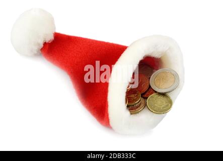 chapeau santa en centimes d'euro, abondance de noël, isolé sur blanc arrière-plan Banque D'Images