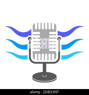 Icône de microphone rétro avec icône d'ondes sonores bleues isolée sur fond blanc. Symbole Audio musique. Logo de l'enceinte. Concept microphone studio. Banque D'Images