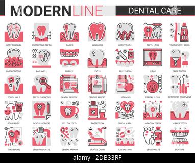 Soins dentaires médecine concept complexe plat icônes ensemble vectoriel, contour dentisterie site de santé collection de symboles avec le pictogramme d'implant dentaire médical, l'équipement de dentiste, dentifrice Illustration de Vecteur