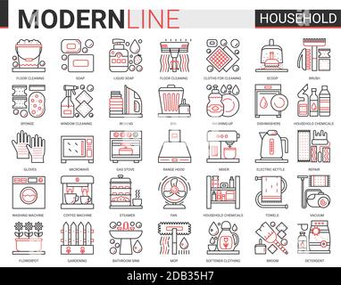 Outils ménagers complexe fin rouge lignes noires icônes vecteur illustration ensemble, contour nettoyage de maison, cuisine ou jardinage symboles linéaires, collection de travaux ménagers équipement de nettoyage domestique, appareils ménagers Illustration de Vecteur