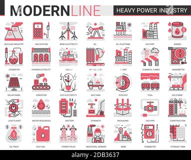 Industrie de l'énergie lourde concept complexe ligne plate Icon vecteur ensemble avec le contour de l'infographie symboles industriels de fabrication de la métallurgie, des usines chimiques et de l'usine, la production d'électricité Illustration de Vecteur