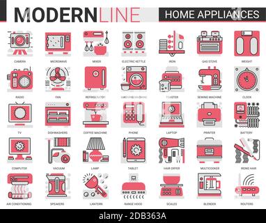 Appareils ménagers concept complexe ligne plate icône ensemble vectoriel. Symboles linéaires fins noirs rouges pour le nettoyage de la maison, la cuisine ou la salle de bains articles ménagers, cheveux soins du corps, gadgets électroniques collection de contour Illustration de Vecteur