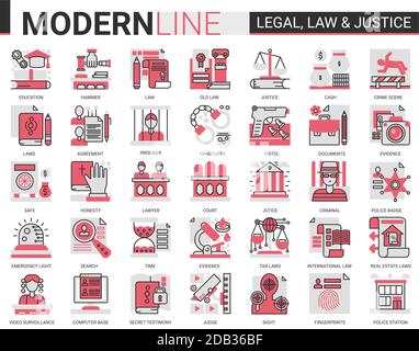 Droit juridique et justice concept complexe ligne plate icône vecteur ensemble. Red Black infographie conception des symboles du site Web de l'application mobile avec éducation à la législation judiciaire, défense des avocats, enquête de police Illustration de Vecteur