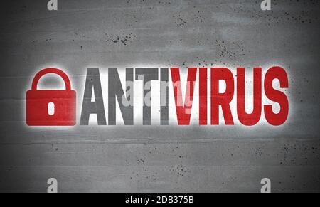 Antivirus on concrete wall concept background. Stock Photo