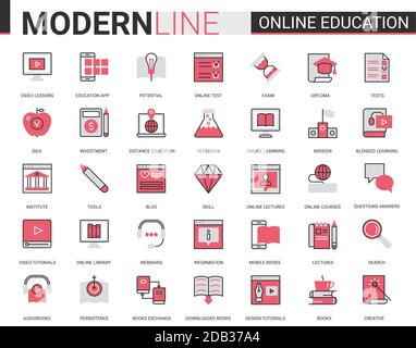 Enseignement à distance en ligne fin rouge lignes noires icônes vecteur ensemble avec des symboles de technologie éducative linéaire pour les applications mobiles avec apprentissage de processus dans les cours en ligne, l'école ou l'université de technologie Illustration de Vecteur