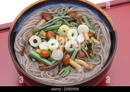 Nouilles soba sansai japonaises dans un bol en céramique sur plateau Banque D'Images