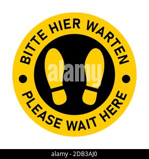 Icône de marquage au sol circulaire bilingue allemand et anglais avec empreintes de chaussures avec les expressions « Bitte Hier WARTEN » et « Please Wait ». Image vectorielle. Illustration de Vecteur