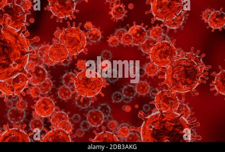 Virus corona 2019-ncov grippe, vue microscopique du virus flottant dans le sang rouge, coronavirus pandémique concept, 3D rendu médical Banque D'Images