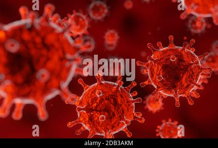Virus corona 2019-ncov grippe épidémie, vue microscopique du virus flottant dans le sang rouge, coronavirus pandémie concept, 3D rendu contexte médical Banque D'Images